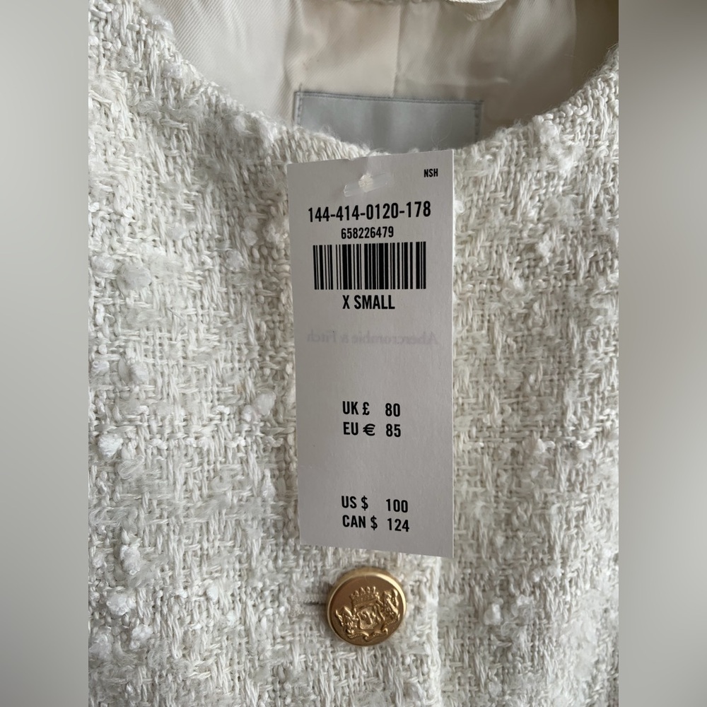 NWT Abercrombie & Fitch Cream Short Sleeve Tweed Jacket XS - Picture 5 of 6
